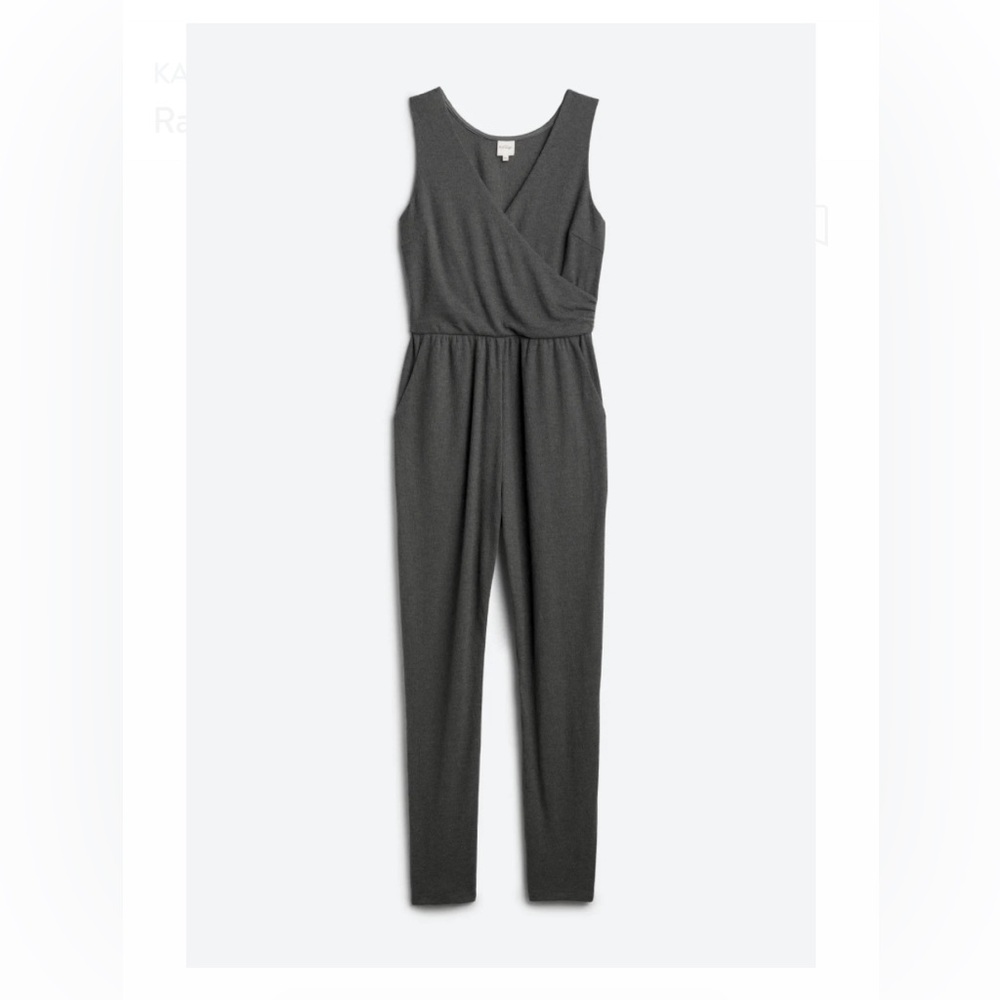 Kaleigh Grey Knit Jumpsuit Sleeveless Faux Wrap Top With Pockets & Tapered Pants